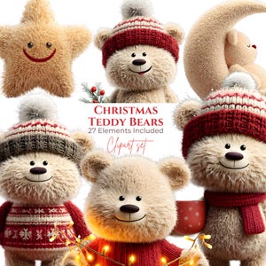 May include: A collection of Christmas-themed teddy bear clip art. The bears are wearing red and white knit hats and sweaters. One bear is holding a string of lights. A star-shaped pillow with a smiling face is also included.
