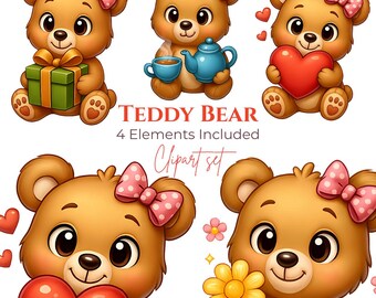 Teddy Bear Clipart Set: Adorable PNGs for Cards, Stickers (Digital Download)