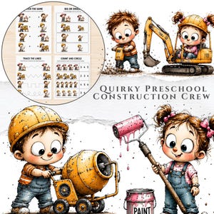 Può includere: Un set di illustrazioni digitali intitolato QUIRKY PRESCHOOL CONSTRUCTION CREW con bambini in abbigliamento da cantiere. Il set include schede didattiche per abbinare, tracciare e contare, insieme a personaggi che manovrano un escavatore giallo, una betoniera e un rullo per pittura rosa.