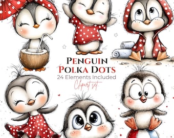 Summer Penguin Polka Dots Clipart Set, Beach Animals PNG, Red Outfit, Kids Graphics, Sublimation