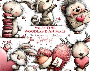 34 PNGs - Watercolor Woodland Valentine Animals Clipart Bundle (Digital Download)