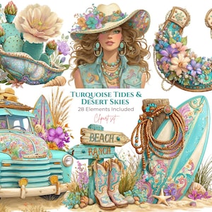 May include: A digital illustration featuring a woman in a floral hat, a turquoise truck, surfboards, and cowboy boots. The image includes the text "Turquoise Tides & Desert Skies" and "Beach Ranch" on a sign. The color palette is primarily turquoise, pink, and beige.