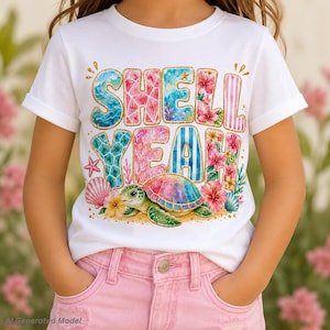 Shell Yeah Turtle Summer PNG, Beach Girl Shirt Design, Coastal Kids Clipart