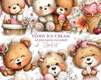 Söt nallebjörnsglass Clipart-set, dessert PNG, sommar, kawaii bagerielement