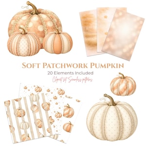 Weiches Patchwork Kürbis Aquarell Clipart Set, Neutraler Herbst PNG, Muster und Hintergründe