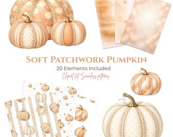 Soft Patchwork Pumpkin Watercolor Clipart Set, Neutral Fall PNG, Patterns & Backgrounds