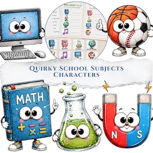 Puede incluir: Una colección de personajes de dibujos animados de materias escolares que incluye una computadora, una pelota deportiva, un libro de matemáticas azul, un vaso de precipitados verde y un imán rojo y azul, con el texto QUIRKY SCHOOL SUBJECTS CHARACTERS.