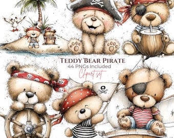 Teddy Bear Pirate Clipart Watercolor Nursery PNG Baby Pirate Birthday Set (Digital Download)