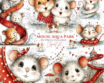 Watercolor Mouse Aqua Park Clipart, Summer Water Slide Animals PNG (Digital Download)