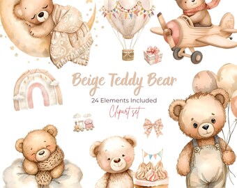24 PNGs - Watercolor Beige Teddy Bear Clipart Bundle, Baby Nursery PNGs (Digital Download)