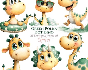 Ensemble de cliparts dinosaure à pois verts, dinosaure aquarelle PNG, graphiques d'été de bébé (téléchargement numérique)