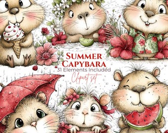 Capybara Clipart, Watercolor Summer Animals, Tropical Beach PNG Set (Digital Download)