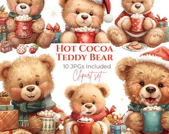 10 JPGs - Watercolor Hot Cocoa Teddy Bear Christmas Clipart, Cozy Holiday Images (Digital Download)