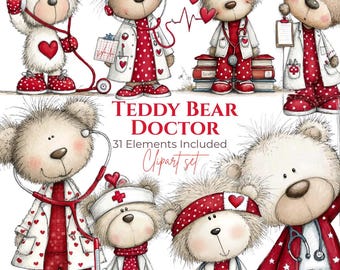 31 PNGs - Teddy Bear Doctor Watercolor Clipart – Medical Clipart Bundle