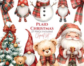27 PNGs - Watercolor Plaid Christmas Clipart Bundle (Digital Download)