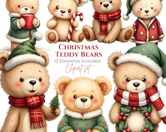 12 PNGs - Christmas Teddy Bear Clipart Set – Holiday PNG Illustrations (Digital Download)