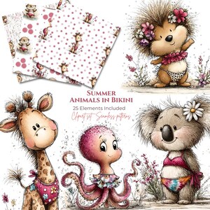 Puede incluir: Conjunto de imágenes prediseñadas digitales con ilustraciones de acuarela de animales de verano en bikini, incluyendo una jirafa, un pulpo, un koala y un erizo. El conjunto incluye patrones sin costuras con diseños repetidos de animales y puntos. El texto dice "Summer Animals in Bikini".
