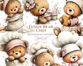 28 PNGs - Whimsical Teddy Bear Chef Clipart – Watercolor Baking Graphics