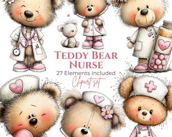 27 PNGs - Teddy Bear Nurse Watercolor Clipart Set
