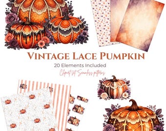 Lace Pumpkin Collection, Watercolor Clipart, Seamless Patterns & Backgrounds