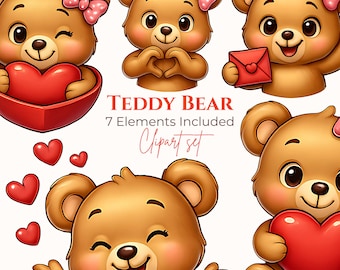 Teddy Bear Clipart Set: Valentine's Day PNG Graphics (Digital Download)