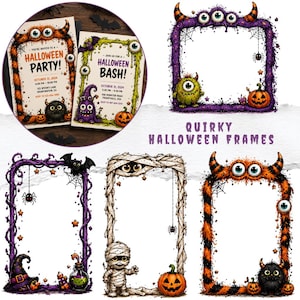 Puede incluir: Una colección de marcos rectangulares con temática de Halloween que incluyen ilustraciones de monstruos, momias, calabazas, murciélagos y arañas. Los marcos presentan patrones de rayas naranjas y negras, texturas de pelaje morado y vendas blancas.