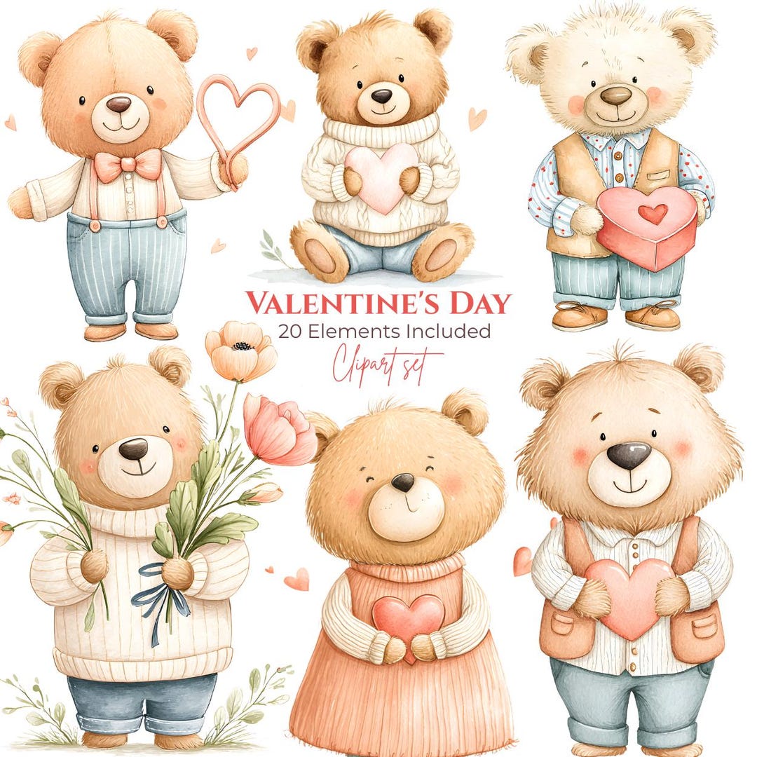 20 Pngs - Watercolor Teddy Bear Clipart, Valentine's Day PNG Bundle ...