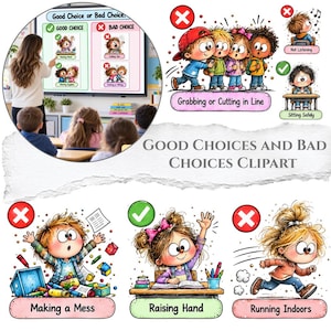 Puede incluir: Una colección de imágenes prediseñadas educativas que ilustran buenas y malas decisiones sobre el comportamiento en el aula. Las imágenes muestran niños de dibujos animados realizando acciones como levantar la mano, sentarse correctamente, gritar, empujar, hacer desorden y correr en interiores, con texto.