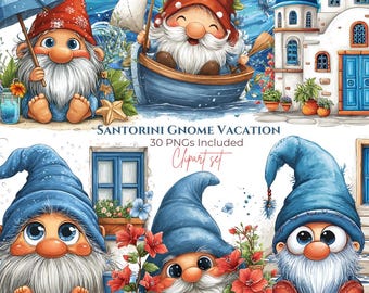 Santorini Gnome Clipart, Summer Vacation Travel PNG, Greek Island Art