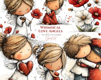 40 JPG-bilder - Nyckfulla kärleksänglar clipart-set (digital nedladdning)