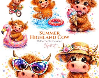 Highland Cow Summer Clipart Bundle PNG Nursery Farm Animals Digital Download