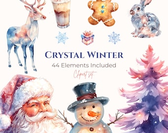 44 PNGs - Watercolor Crystal Winter Clipart Bundle – Snowflakes, Crystal Animals & Gifts