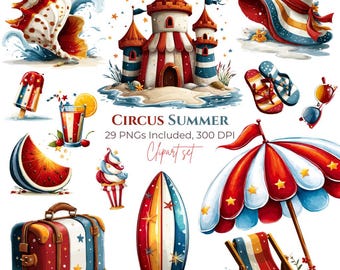 Clipart cirque d'été, graphiques de carnaval de plage, lot de fête tropicale crème glacée (téléchargement numérique)