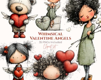 35 PNGs - Whimsical Valentine Angels and Teddy Bear Clipart Bundle (Digital Download)