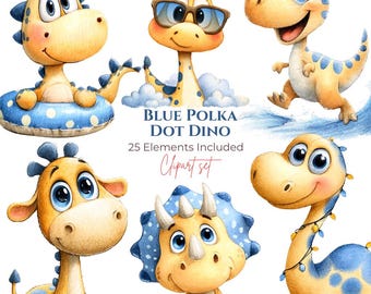Blue Polka Dot Dino Summer Clipart, Watercolor Beach PNG Graphics (Digital Download)