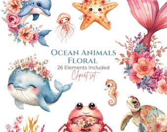 Ocean Animals Floral Clipart PNG Nursery Sea Watercolor Clipart Bundle