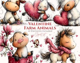 41 PNGs, Watercolor Valentine Farm Animal Clipart – Whimsical PNG Bundle (Digital Download)