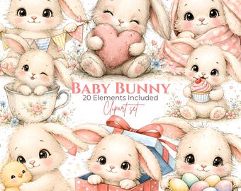 Baby Bunny Clipart Set – Watercolor Easter, Birthday PNG Bundle (Digital Download)