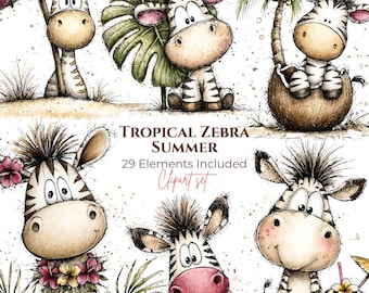 Watercolor Zebra Clipart, Tropical Summer Animals, Beach PNG Set