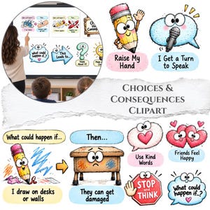 May include: A collection of educational clipart titled Choices & Consequences Clipart, featuring cartoon illustrations of a pencil, a desk, speech bubbles, hearts, and a stop sign with text including Raise My Hand, I Get a Turn to Speak, and Use Kind Words.