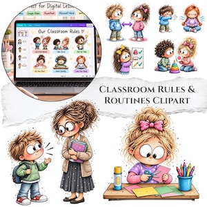 Peut inclure: Une collection numérique de cliparts sur les règles et routines de classe représentant des enfants en dessin animé dans diverses activités scolaires. Les images incluent des élèves interagissant, suivant des règles et un enseignant.