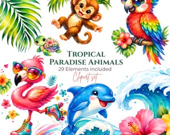 Tropical Paradise Animals Clipart Set, Summer Beach PNG Bundle (Digital Download)