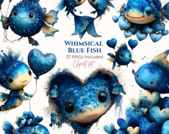 37 PNGs, Watercolor Whimsical Blue Fish Valentine Clipart Collection (Digital Download)
