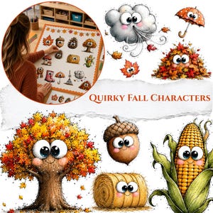 Könnte beinhalten: Eine Sammlung von Illustrationen mit dem Titel QUIRKY FALL CHARACTERS, die anthropomorphe Herbstmotive zeigen, darunter einen Baum mit orangefarbenen Blättern, eine Eichel, einen Maiskolben, einen Heuballen, eine Wolke, einen Laubhaufen und einen orangefarbenen Regenschirm.