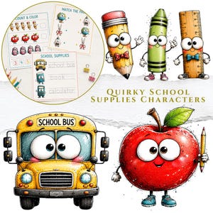 Pode incluir: Uma coleção de personagens de material escolar em desenho animado, incluindo um autocarro escolar amarelo, uma maçã vermelha, um lápis, um giz de cera verde e uma régua. A imagem apresenta fichas com o texto Count & Color, Match the Pair.
