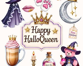 Pink Witch Clipart, Girly Halloween Graphics, Glam Potion, Teddy Bear PNG (Commercial Use)