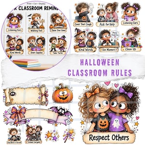 May include: A digital collection of Halloween-themed classroom posters and labels featuring cartoon children in costumes. The graphics include text such as Halloween Classroom Rules, Respect Others, Listening Ears, and Kind Words, alongside pumpkins, bats, and stars.