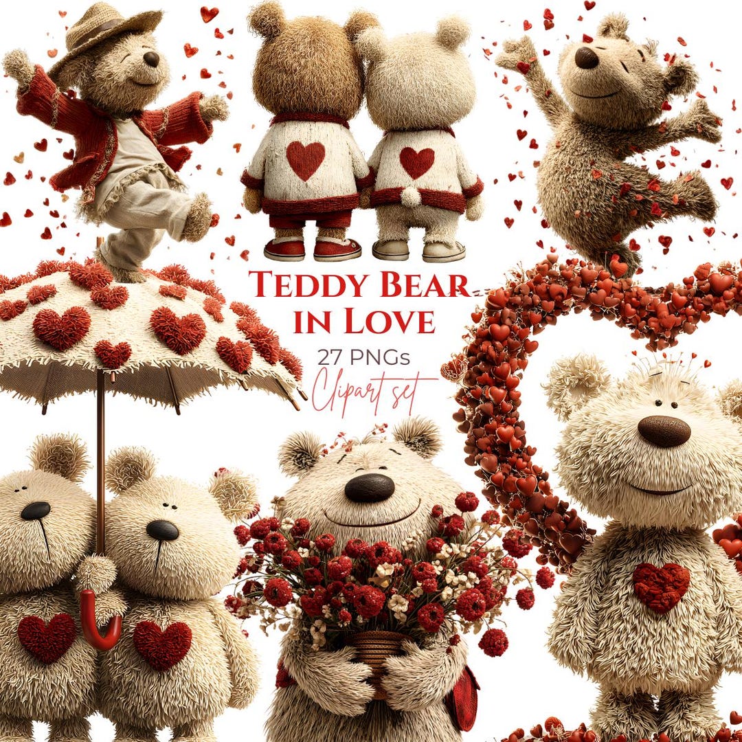 27 Pngs - Valentine Teddy Bear Clipart Bundle – Plush Bear PNG Set ...