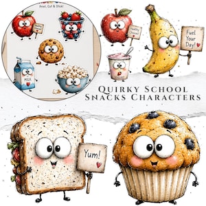 Puede incluir: Una colección de personajes de comida en dibujos animados que incluye una manzana, un plátano, yogur, un sándwich y un muffin de arándanos con ojos grandes. Algunos sostienen carteles con el texto Healthy Choices, Fuel Your Day y Yum.