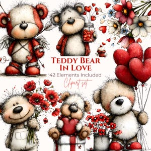 Puede incluir: Un conjunto de imágenes prediseñadas digitales titulado "Teddy Bear in Love" con ilustraciones de acuarela de osos de peluche con corazones, flores y globos. Los osos están en varias poses, algunos sosteniendo ramos o regalos. La paleta de colores incluye rojo, blanco y marrón.
